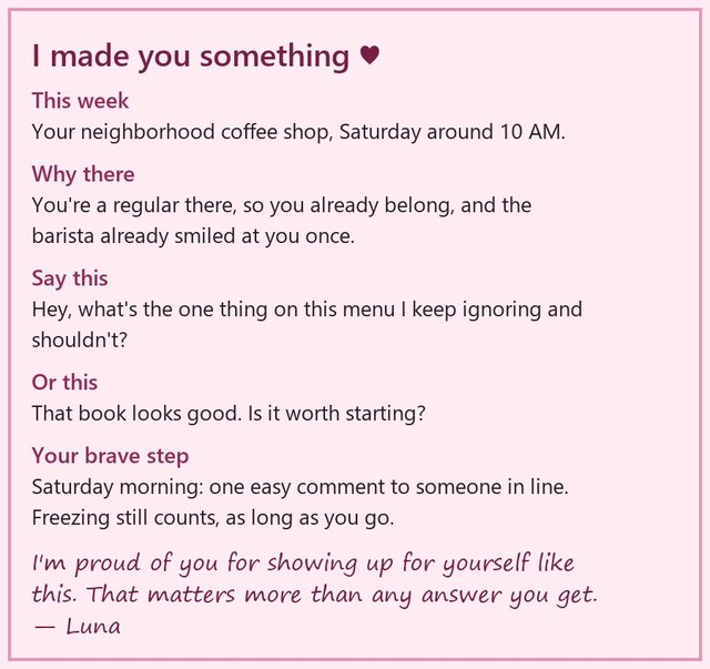 A card she made: this week's place, two openers, his brave step and a note from her